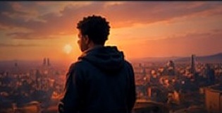 Filmmaker overlooking a city at sunset