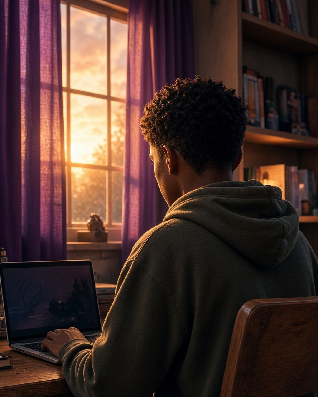 Young filmmaker working at a laptop by a sunset window